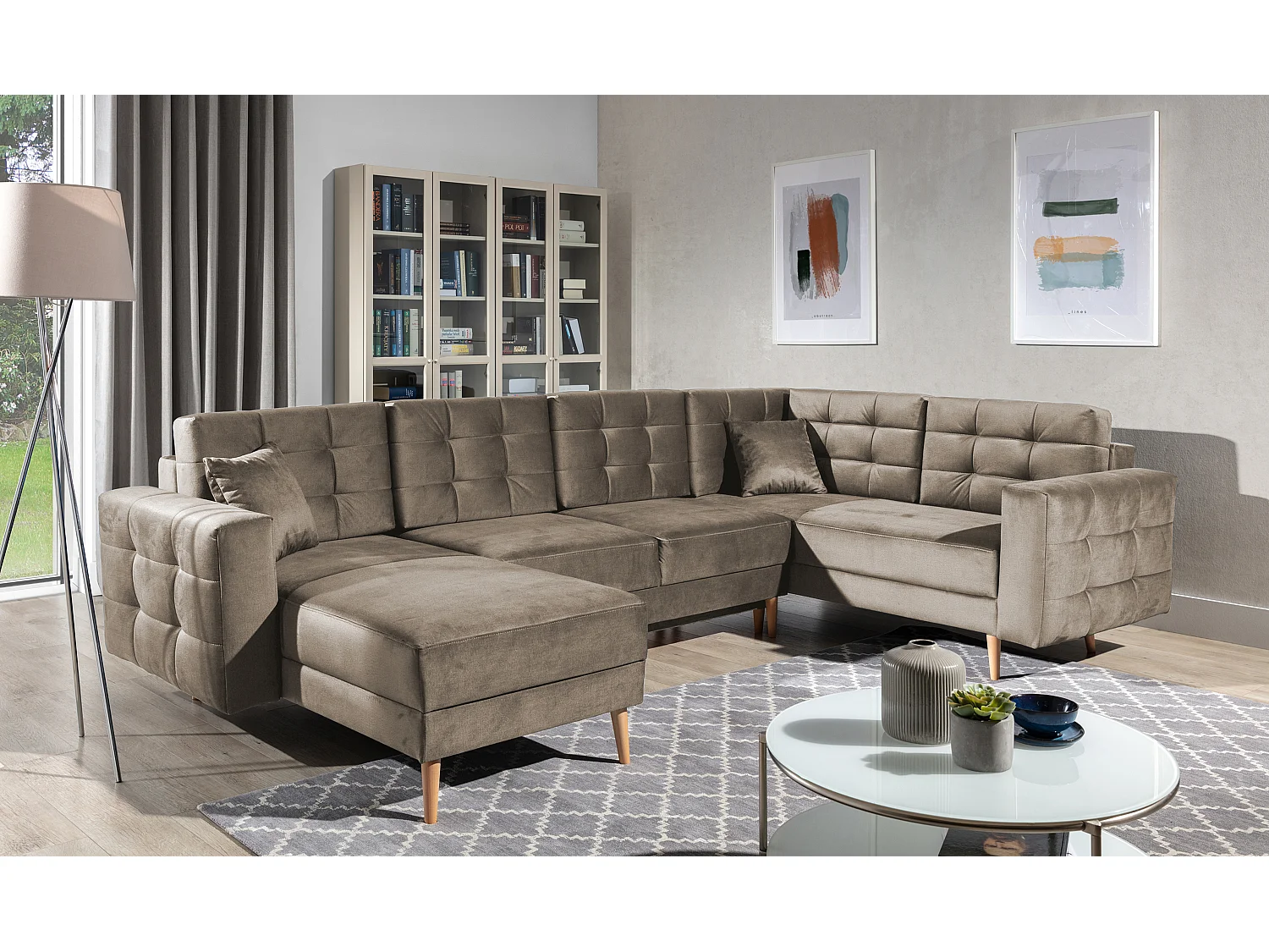 Canapé panoramique convertible ANSKA en velours - Pieds bois naturel-Marron clair