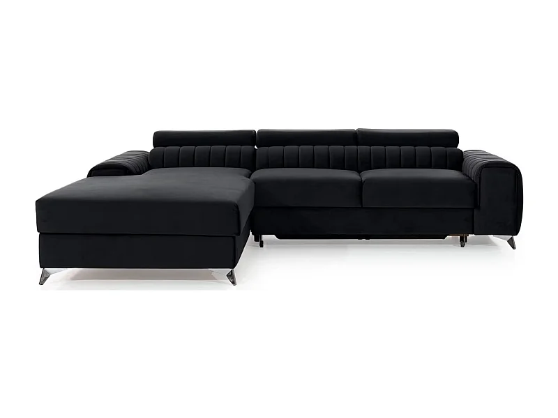 Canapé d'angle convertible velours têtière réglables GRENKY - Coffre, pieds acier chromé-Gris anthracite-angle gauche