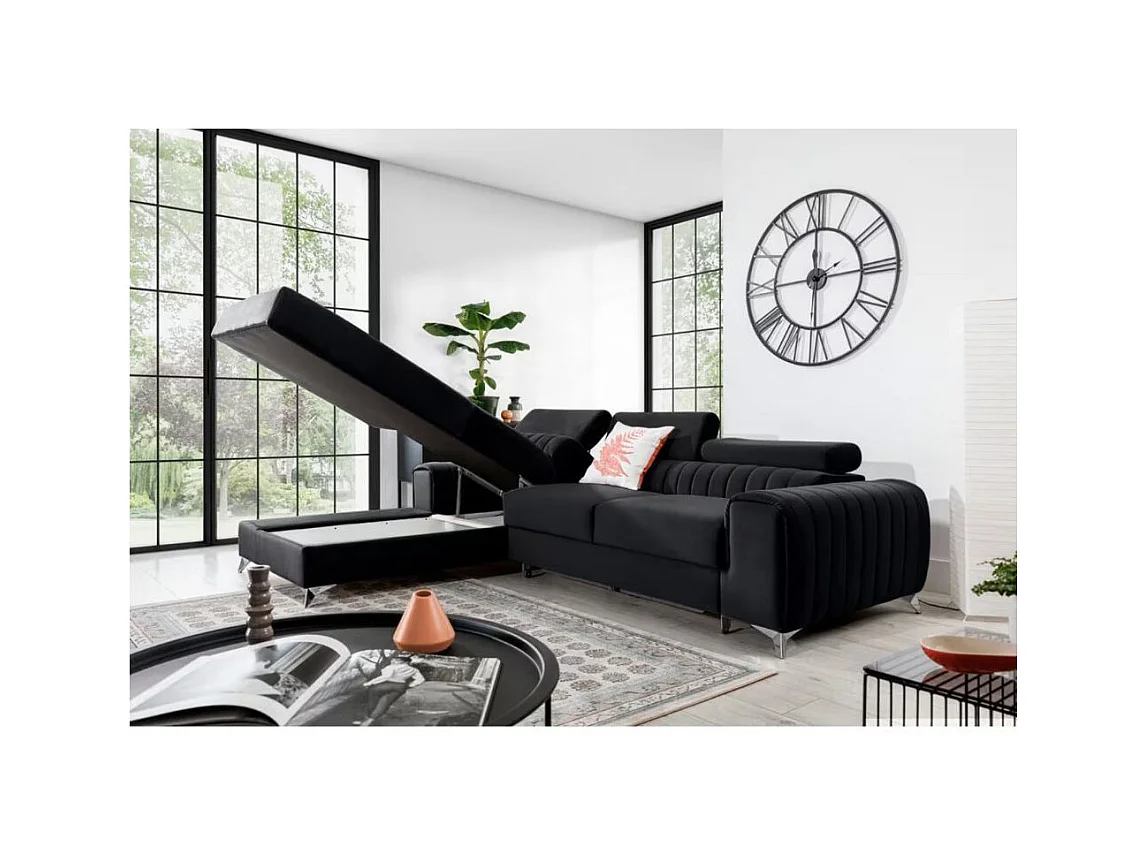 Canapé d'angle convertible velours têtière réglables GRENKY - Coffre, pieds acier chromé-Gris anthracite-angle gauche