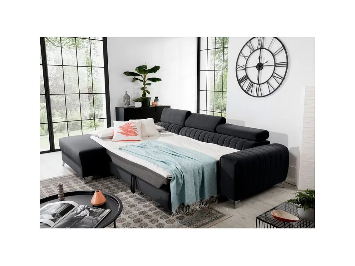 Canapé d'angle convertible velours têtière réglables GRENKY - Coffre, pieds acier chromé-Gris anthracite-angle gauche