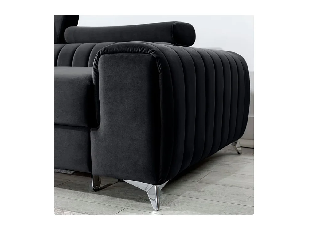 Canapé d'angle convertible velours têtière réglables GRENKY - Coffre, pieds acier chromé-Gris anthracite-angle gauche