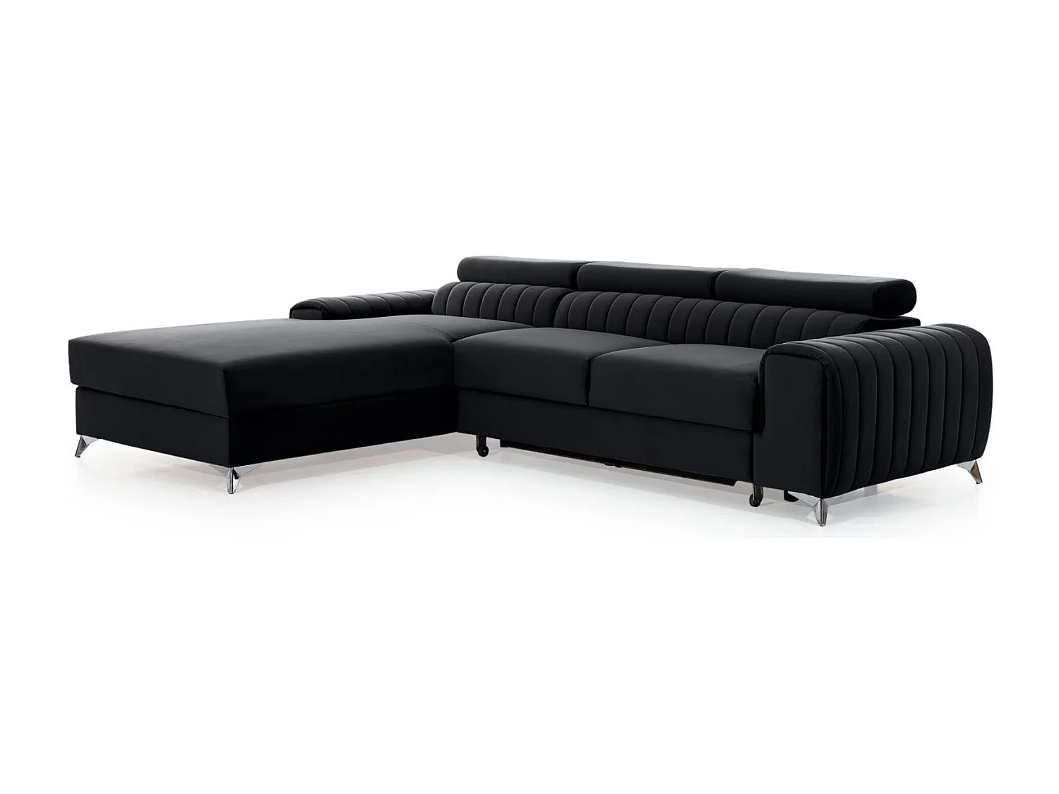 Canapé d'angle convertible velours têtière réglables GRENKY - Coffre, pieds acier chromé-Gris anthracite-angle gauche