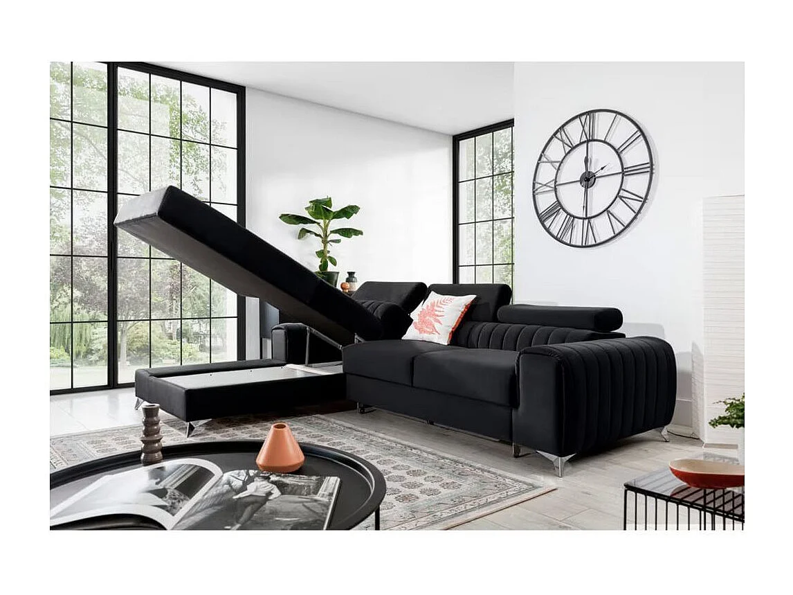 Canapé d'angle convertible velours têtière réglables GRENKY - Coffre, pieds acier chromé-Gris anthracite-angle gauche