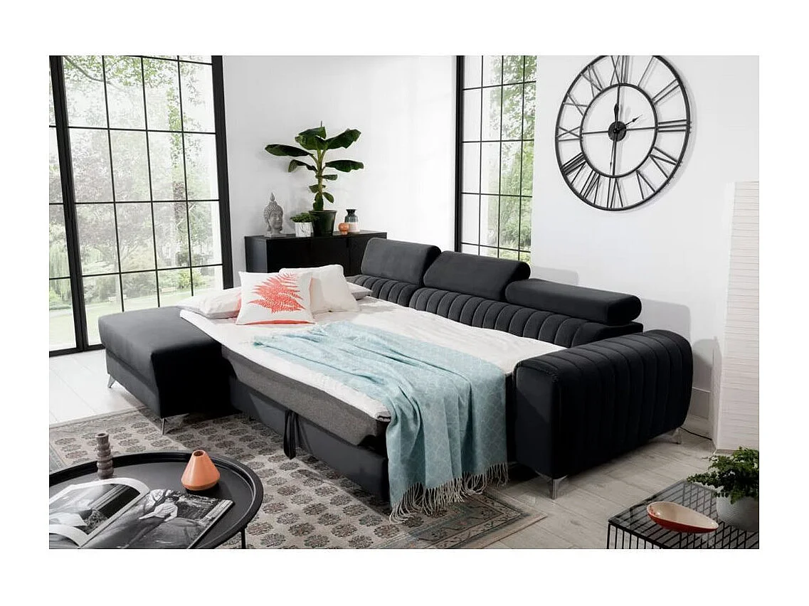 Canapé d'angle convertible velours têtière réglables GRENKY - Coffre, pieds acier chromé-Gris anthracite-angle gauche