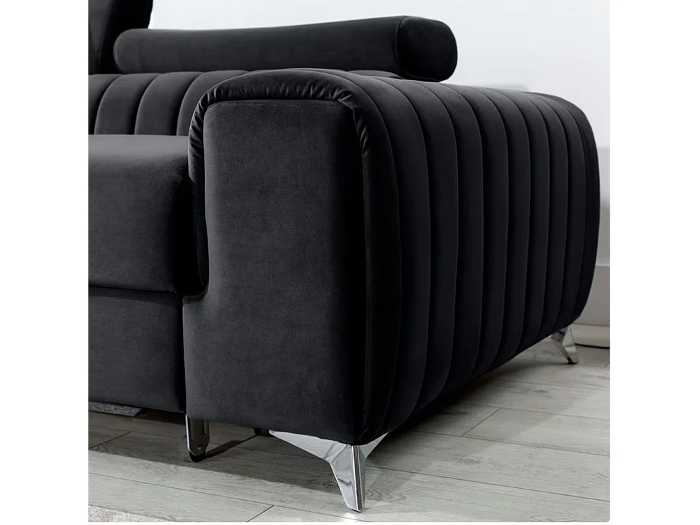 Canapé d'angle convertible velours têtière réglables GRENKY - Coffre, pieds acier chromé-Gris anthracite-angle gauche