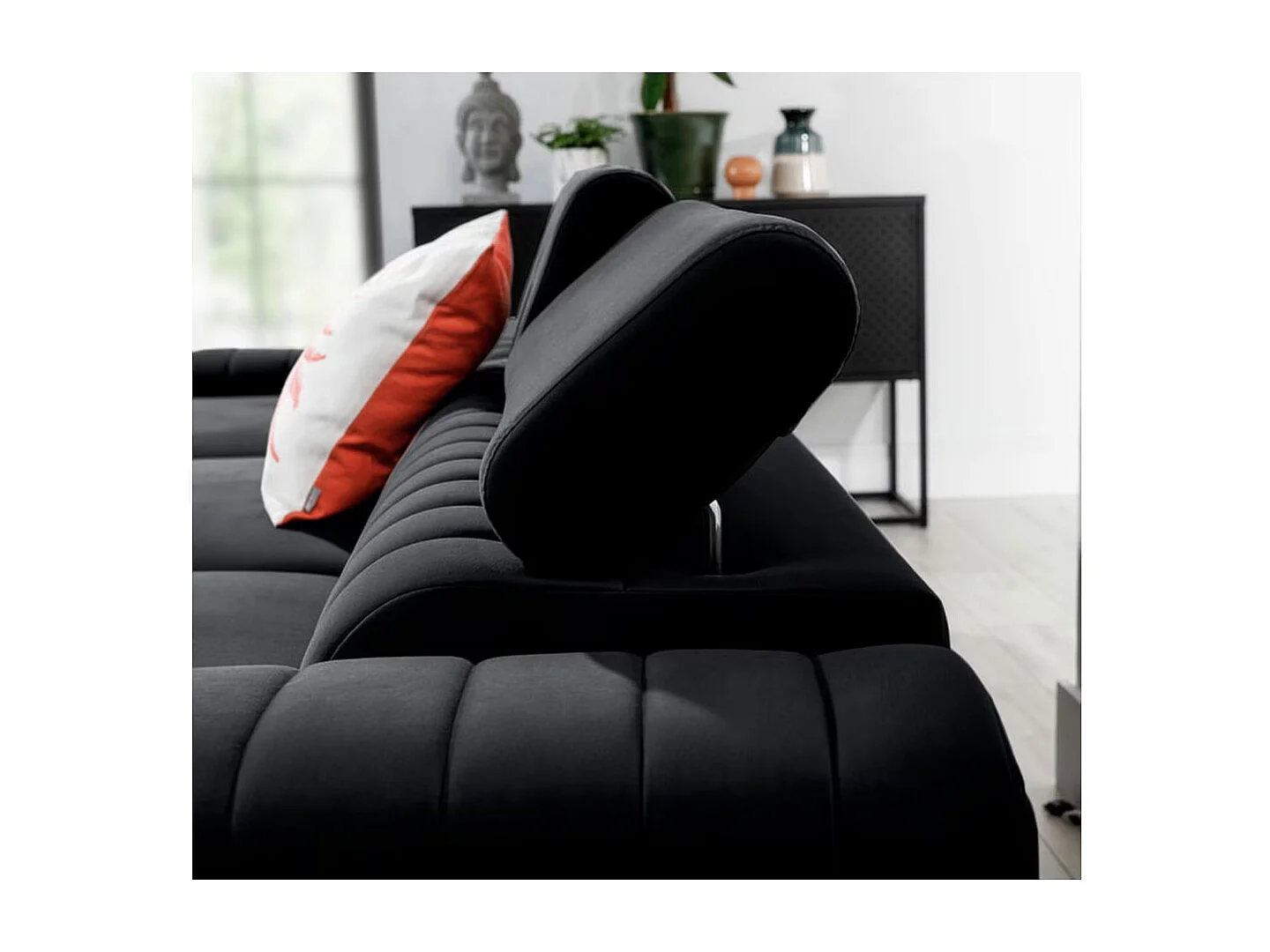 Canapé d'angle convertible velours têtière réglables GRENKY - Coffre, pieds acier chromé-Gris anthracite-angle gauche