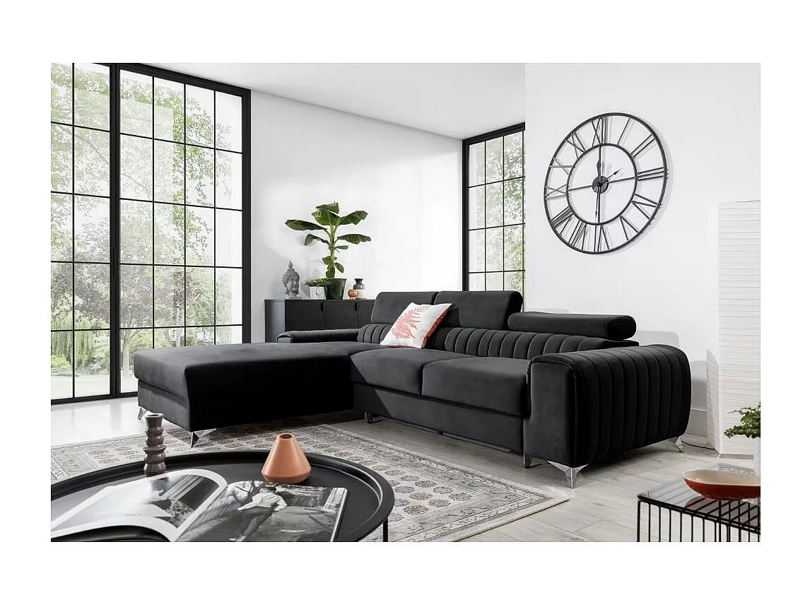 Canapé d'angle convertible velours têtière réglables GRENKY - Coffre, pieds acier chromé-Gris anthracite-angle gauche