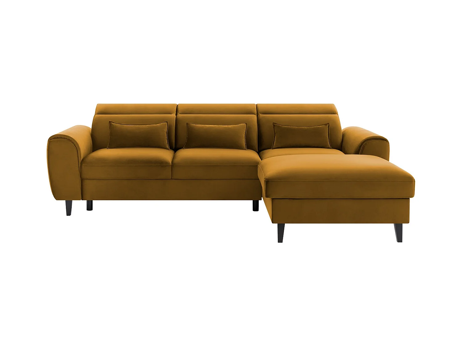 Canapé d'angle convertible velours appuis-tête réglables ASTORIA - Coffre et pieds bois noir-Jaune chamoix-angle droit