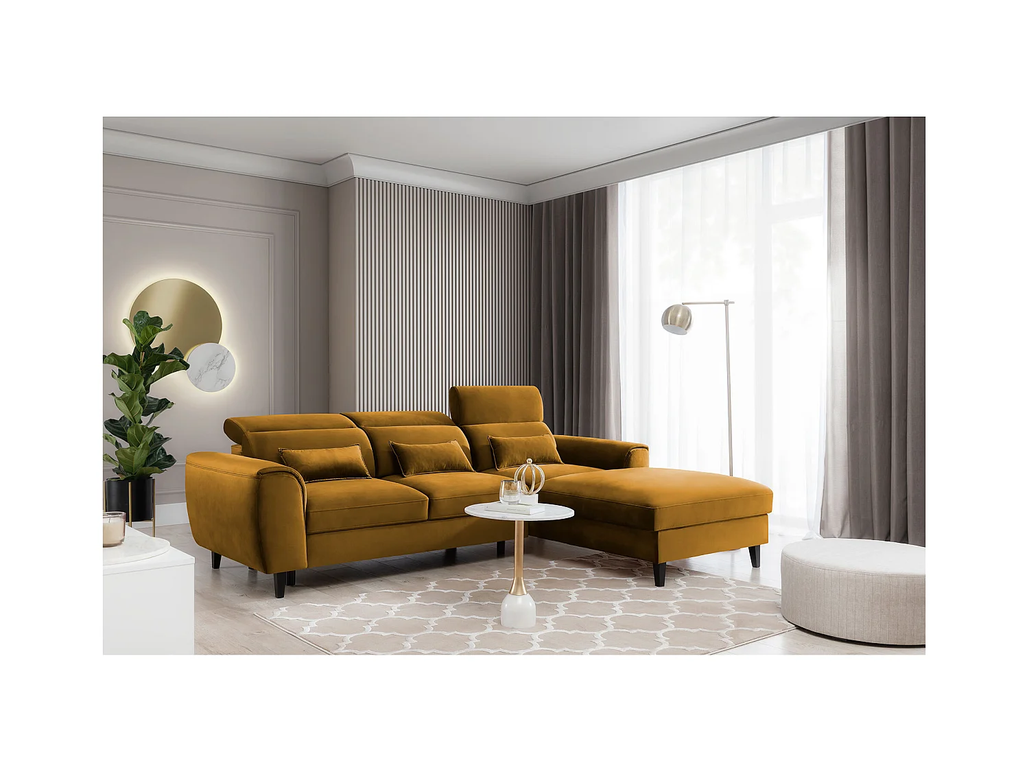 Canapé d'angle convertible velours appuis-tête réglables ASTORIA - Coffre et pieds bois noir-Jaune chamoix-angle droit