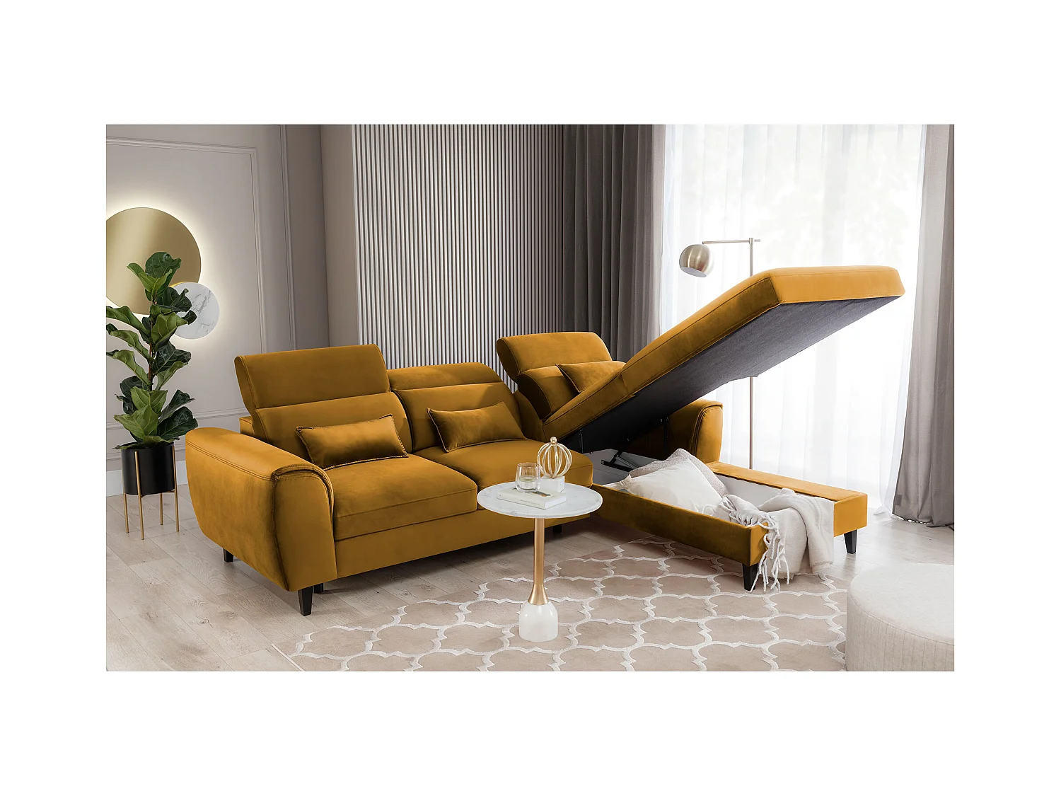 Canapé d'angle convertible velours appuis-tête réglables ASTORIA - Coffre et pieds bois noir-Jaune chamoix-angle droit