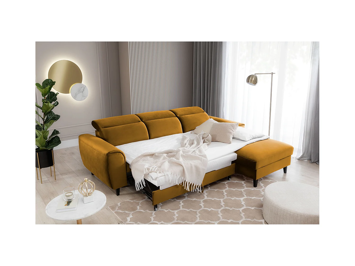 Canapé d'angle convertible velours appuis-tête réglables ASTORIA - Coffre et pieds bois noir-Jaune chamoix-angle droit