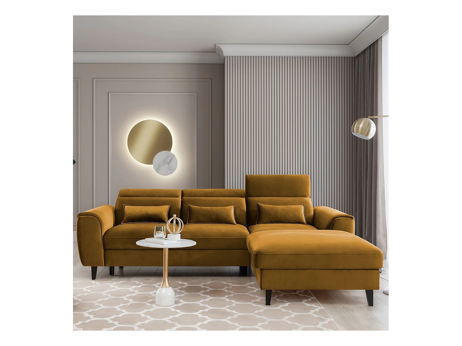 Canapé d'angle convertible velours appuis-tête réglables ASTORIA - Coffre et pieds bois noir-Jaune chamoix-angle droit