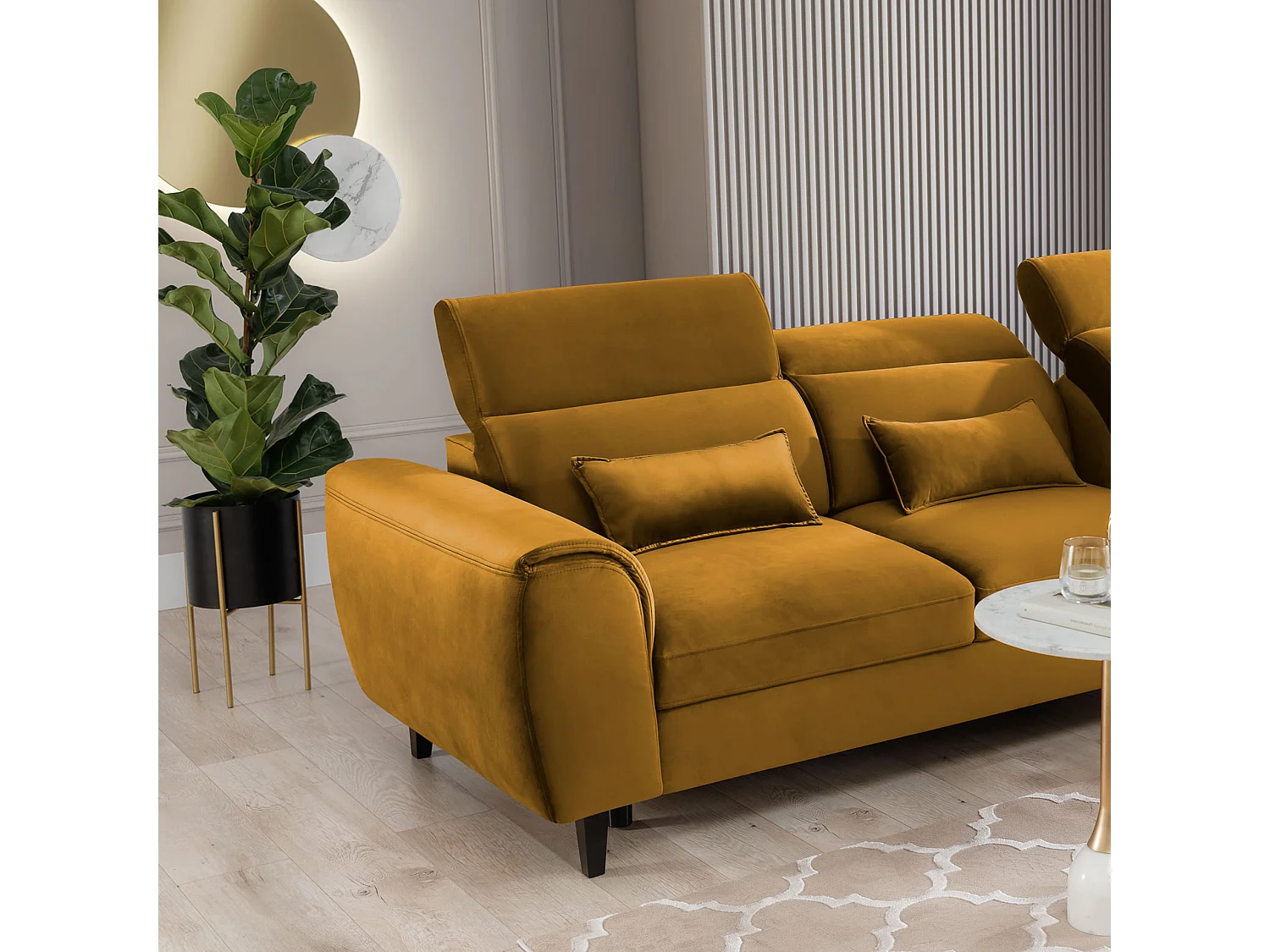 Canapé d'angle convertible velours appuis-tête réglables ASTORIA - Coffre et pieds bois noir-Jaune chamoix-angle droit