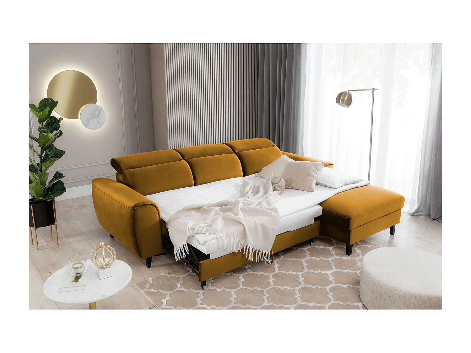 Canapé d'angle convertible velours appuis-tête réglables ASTORIA - Coffre et pieds bois noir-Jaune chamoix-angle droit