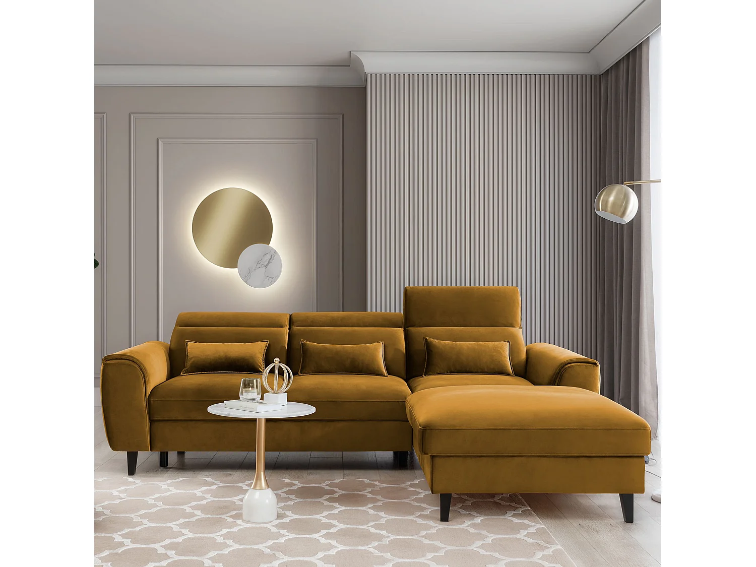 Canapé d'angle convertible velours appuis-tête réglables ASTORIA - Coffre et pieds bois noir-Jaune chamoix-angle droit