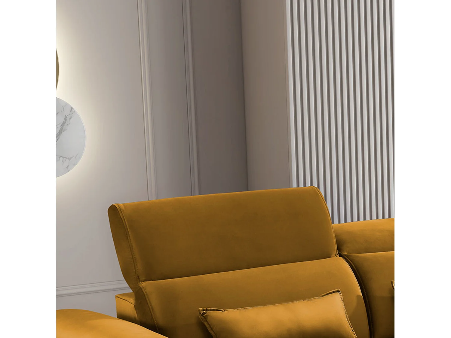 Canapé d'angle convertible velours appuis-tête réglables ASTORIA - Coffre et pieds bois noir-Jaune chamoix-angle droit