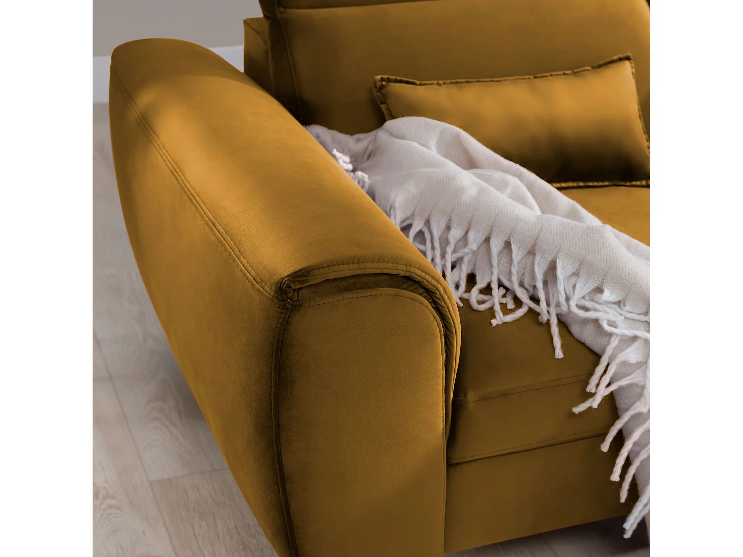 Canapé d'angle convertible velours appuis-tête réglables ASTORIA - Coffre et pieds bois noir-Jaune chamoix-angle droit