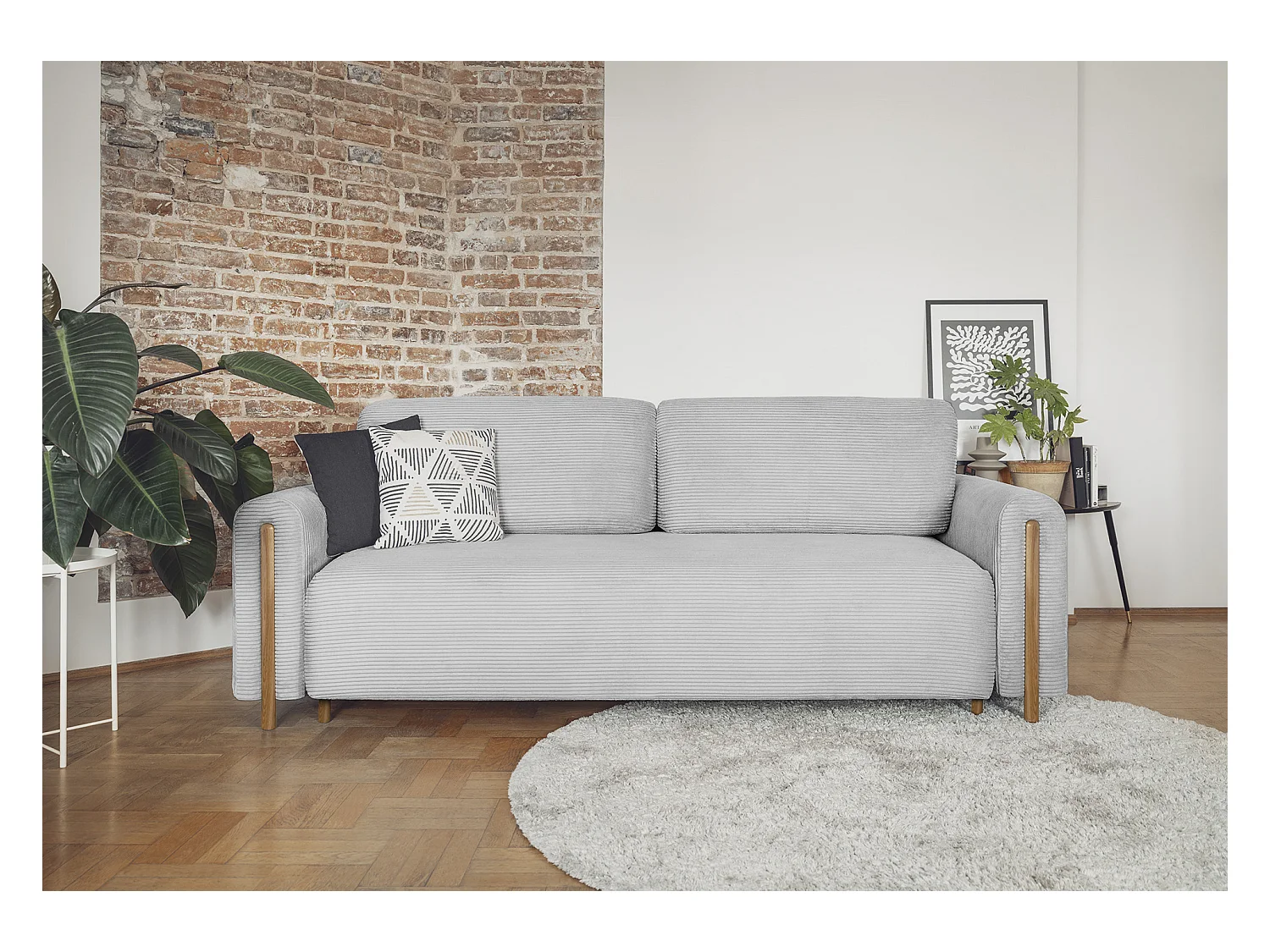 Canapé convertible en tissu bouclette DOVA - Pieds bois massif naturel-Gris ciment