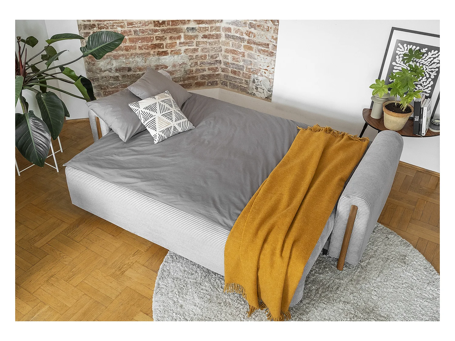 Canapé convertible en tissu bouclette DOVA - Pieds bois massif naturel-Gris ciment