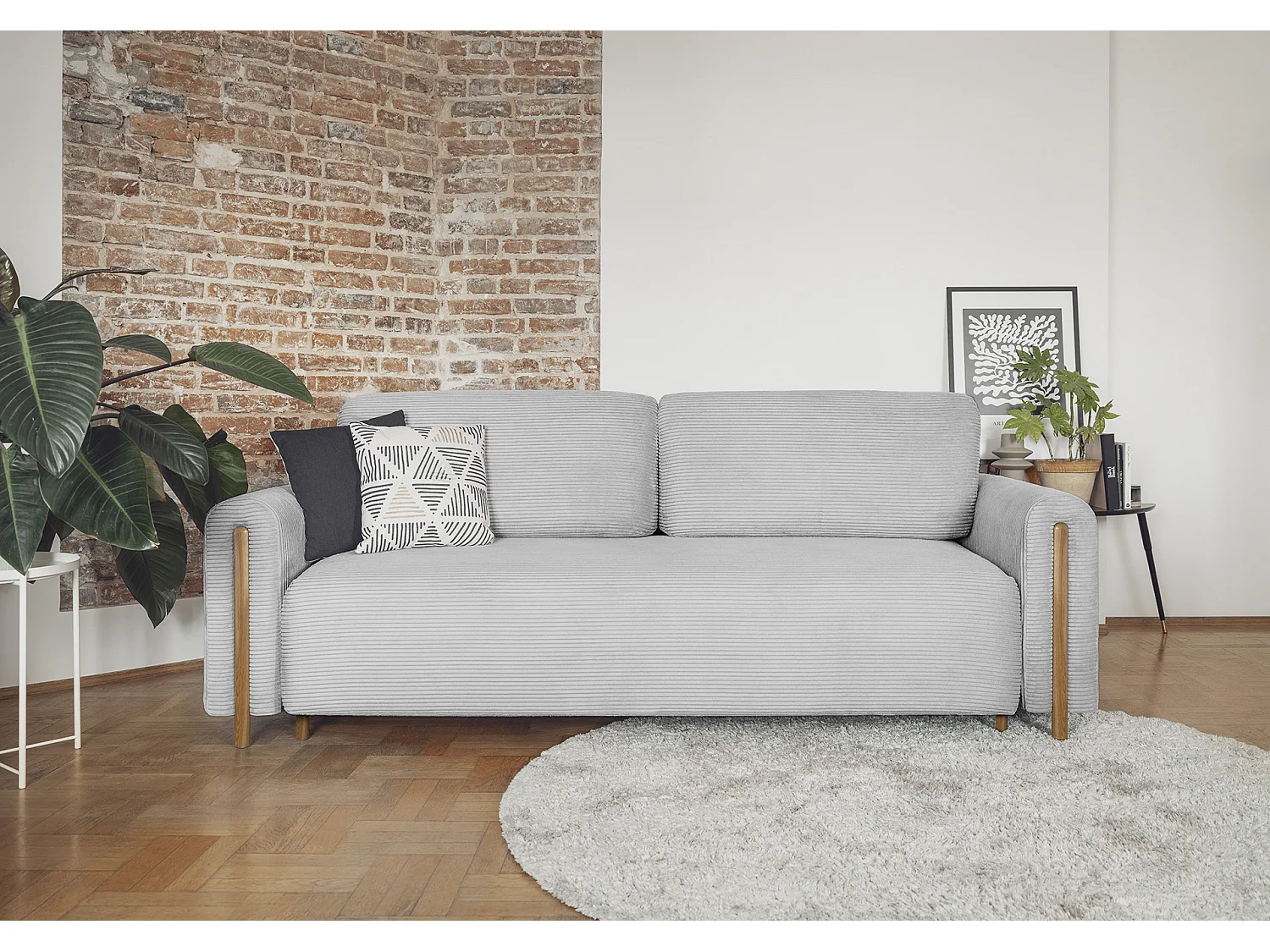 Canapé convertible en tissu bouclette DOVA - Pieds bois massif naturel-Gris ciment