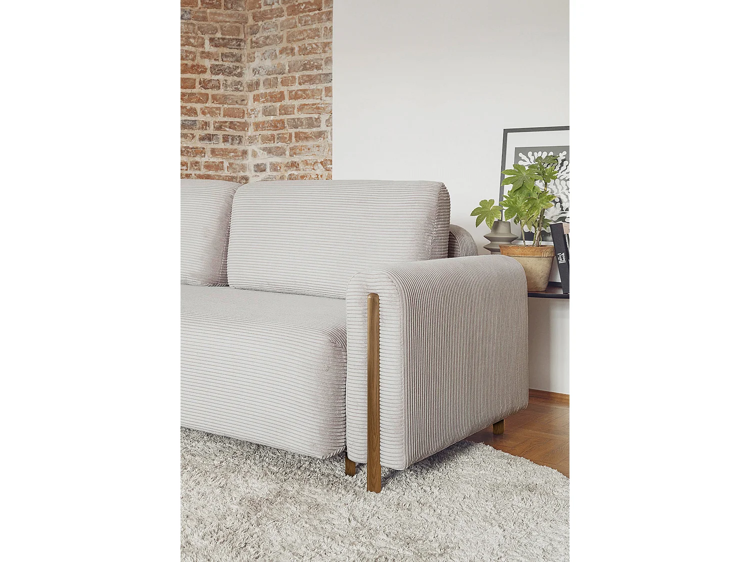 Canapé convertible en tissu bouclette DOVA - Pieds bois massif naturel-Gris ciment