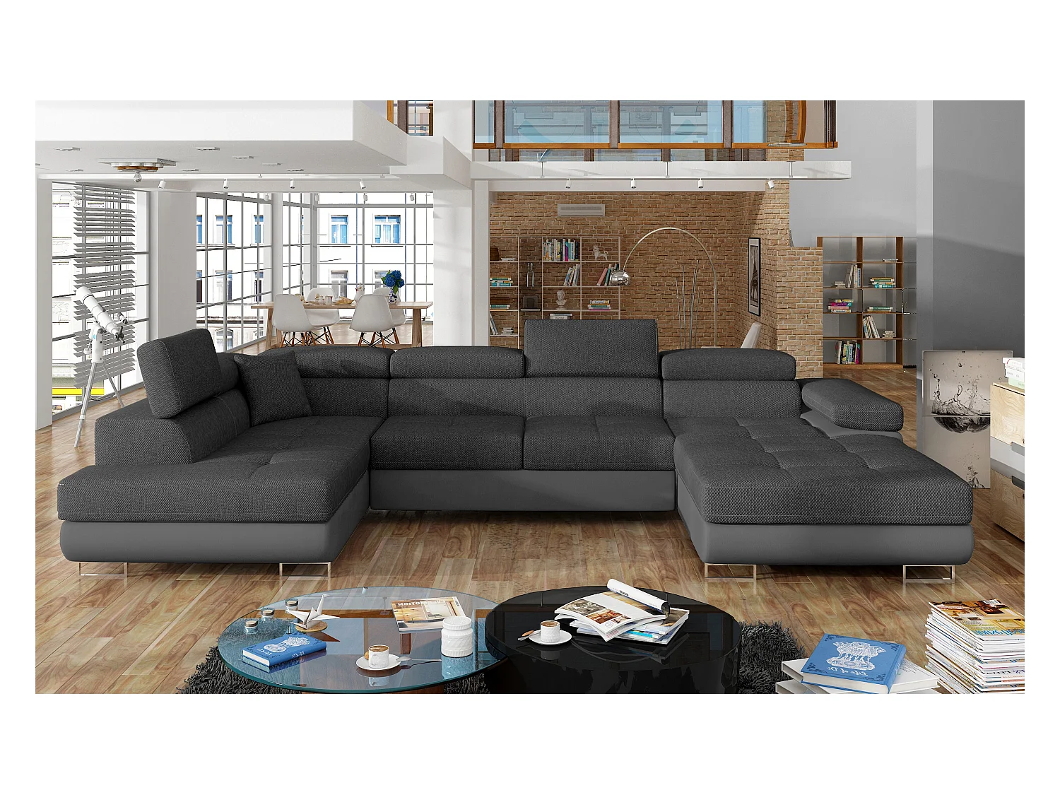 Canapé panoramique convertible ROMANO - Rangement et appuie-têtes réglables-Gris/Gris foncé-Coffre à gauche