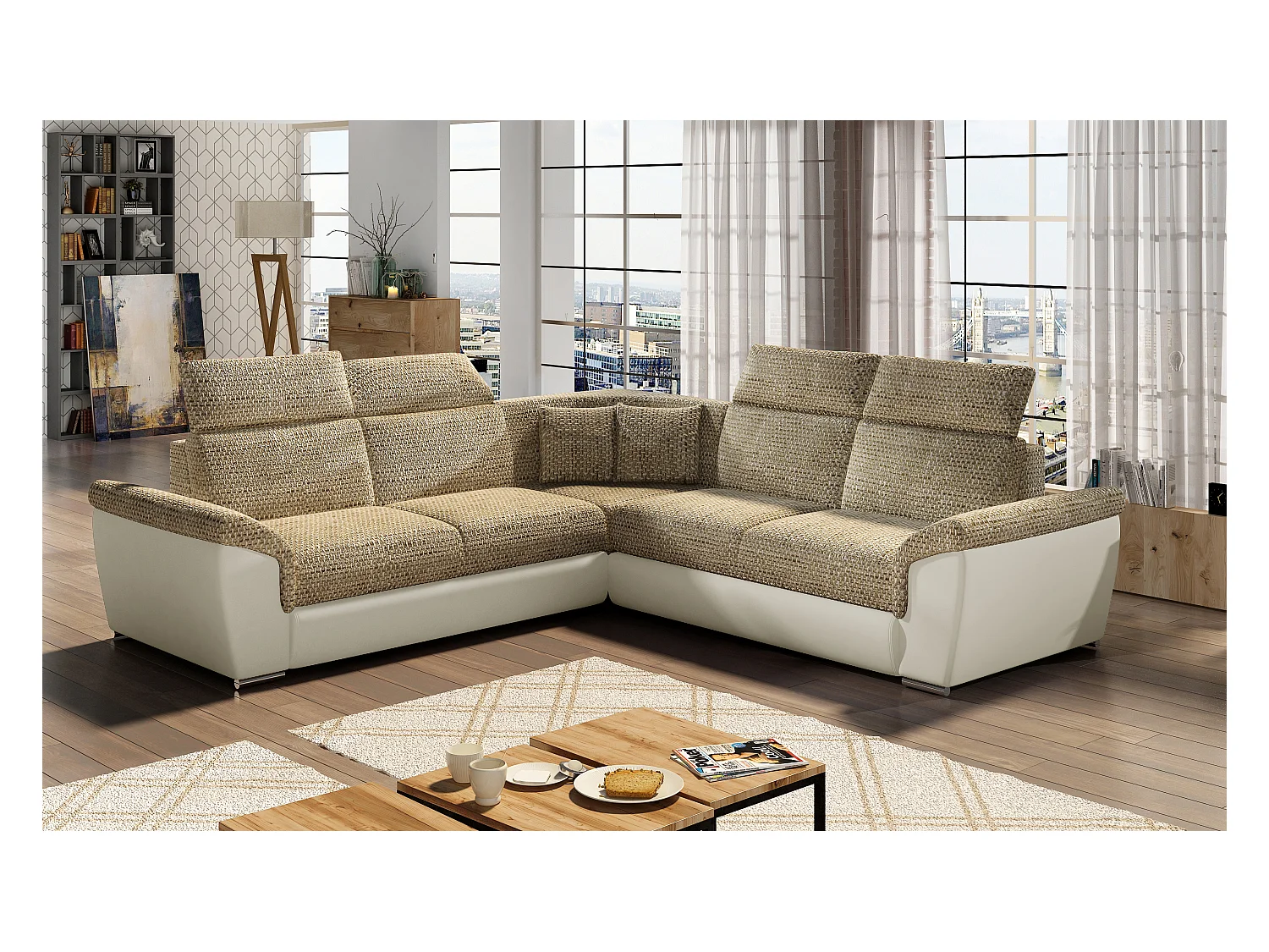 Canapé d'angle réversible et convertible bi-matières Neo - Pieds acier chromé-Beige clair/Beige chiné