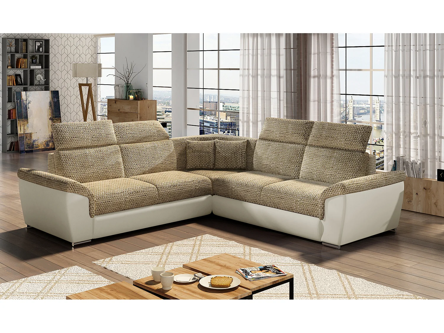 Canapé d'angle réversible convertible 5 places en tissu chiné beige et blanc NEO