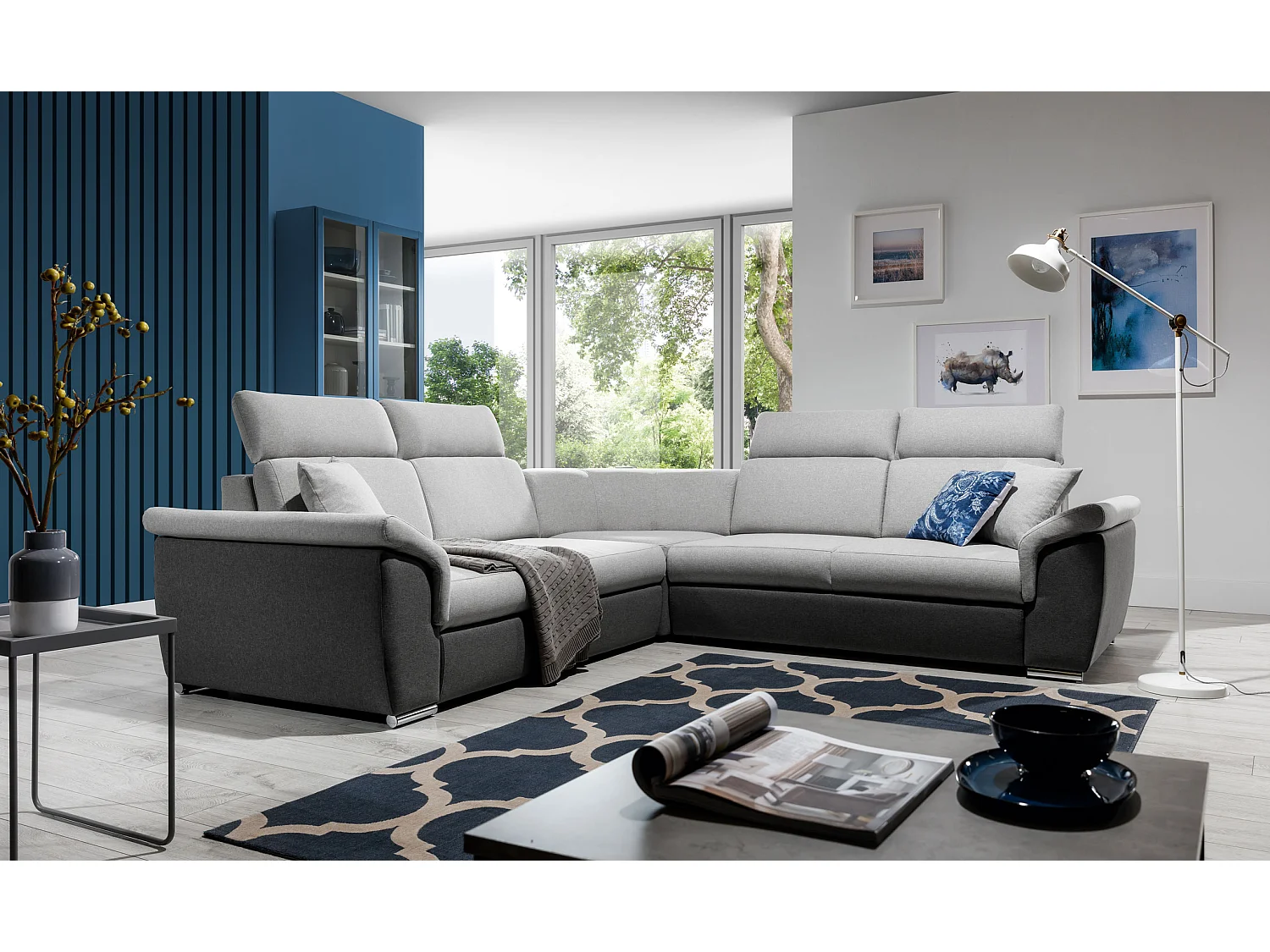 Canapé d'angle réversible convertible 5 places en tissu chiné beige et blanc NEO
