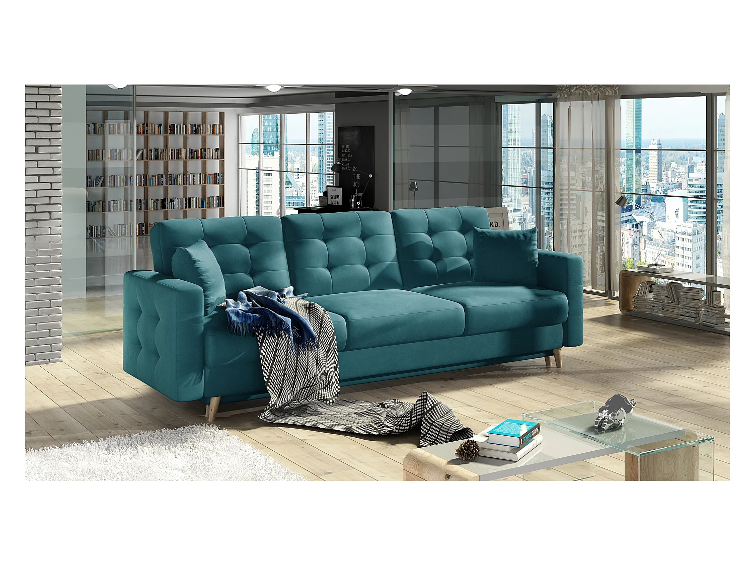 Canapé convertible velours ANSKA - Pieds bois naturel-Vert