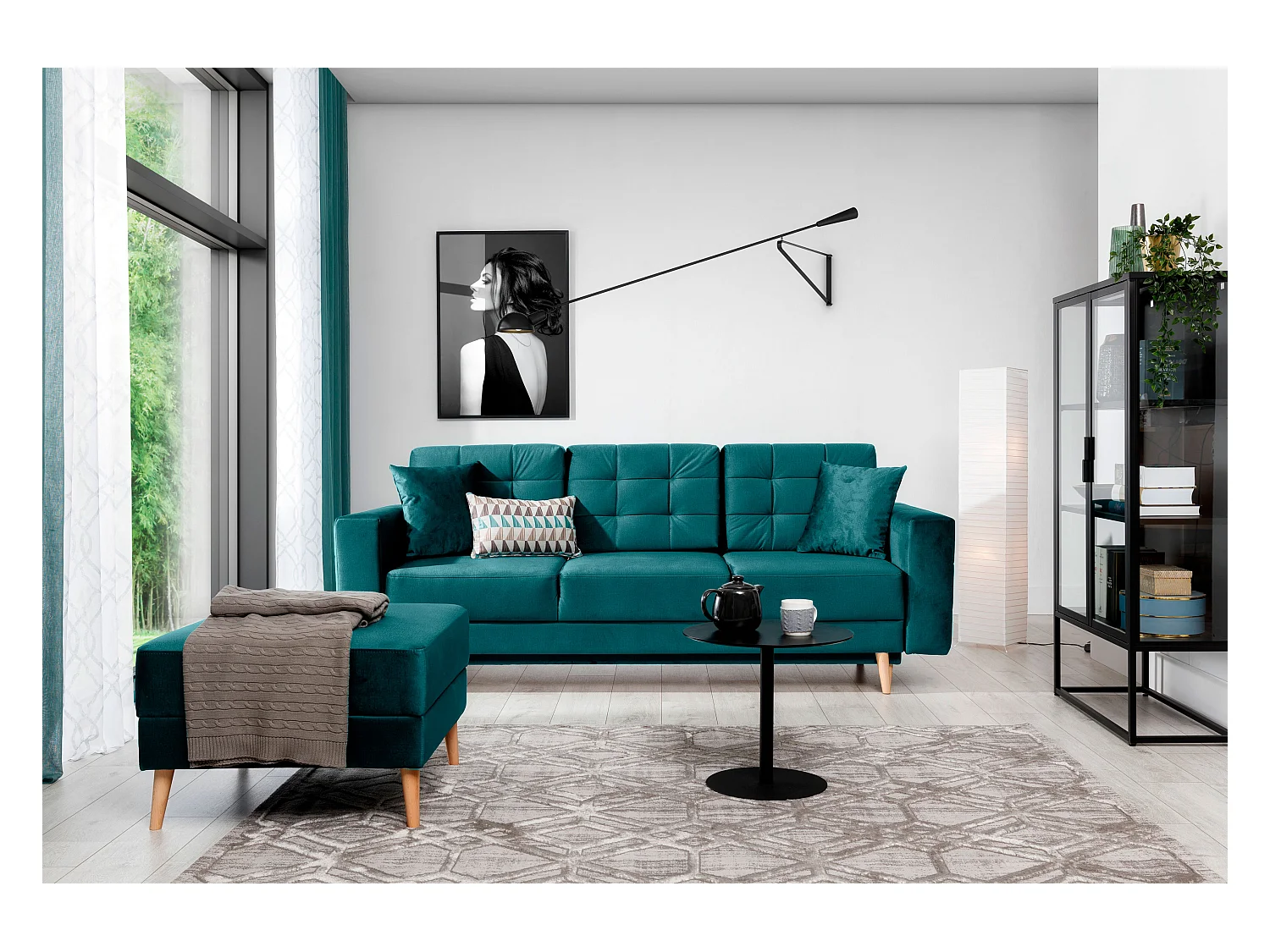 Canapé convertible velours ANSKA - Pieds bois naturel-Vert