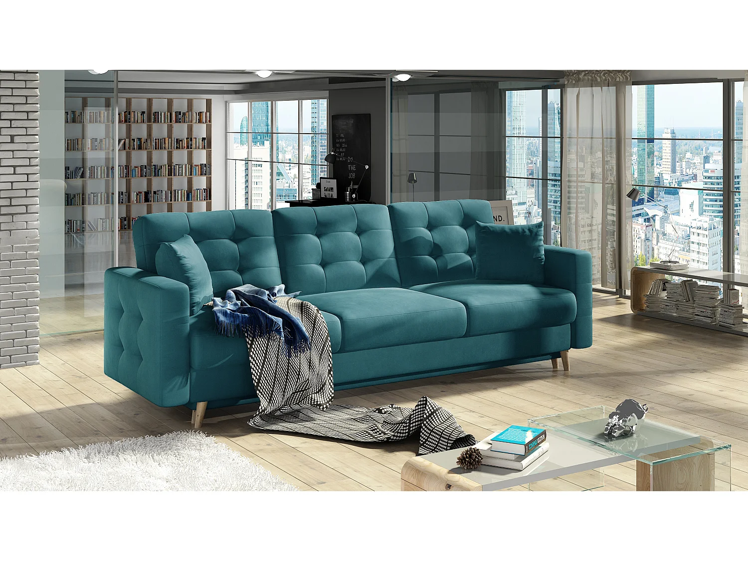 Canapé convertible velours ANSKA - Pieds bois naturel-Vert