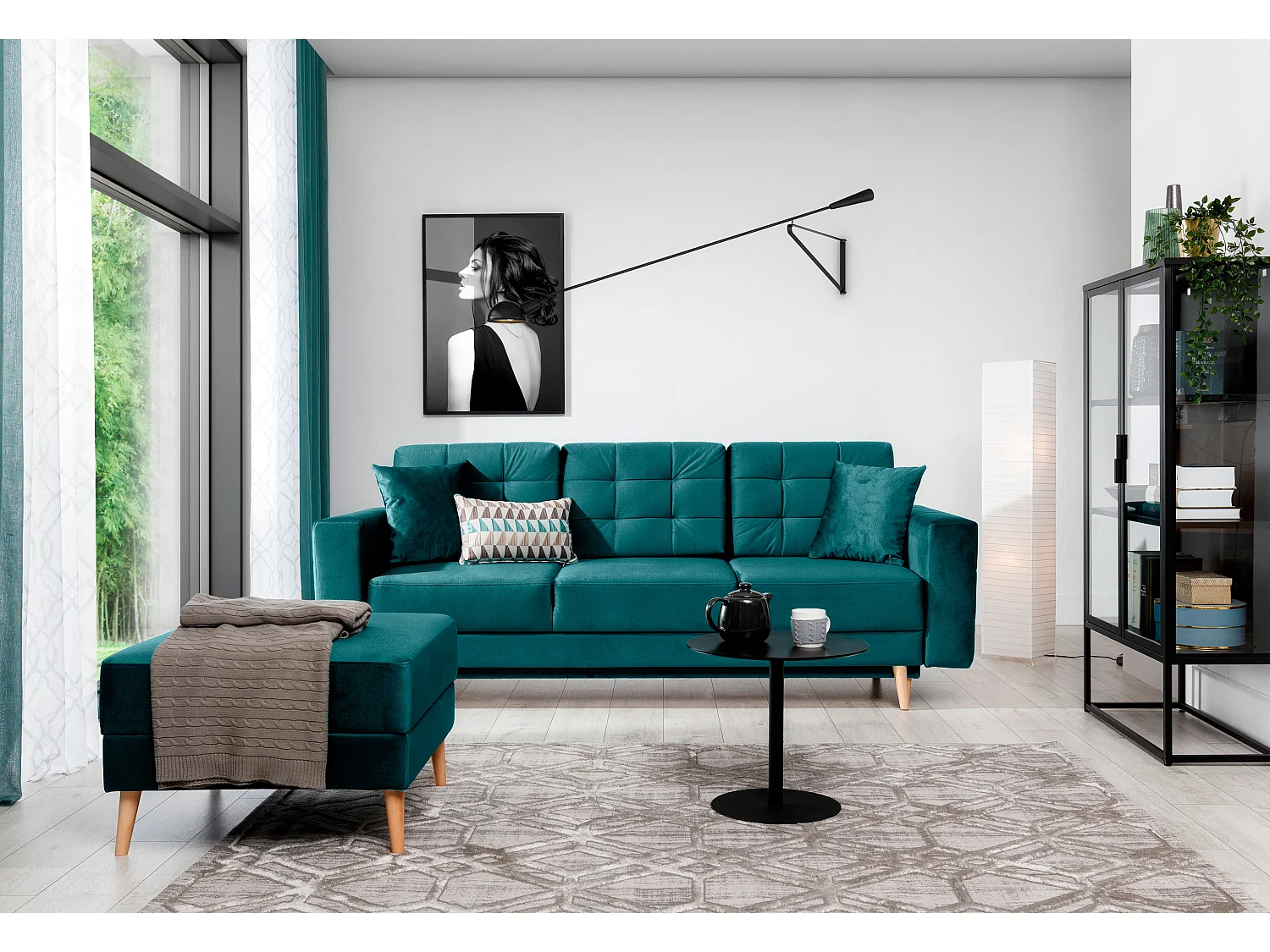 Canapé convertible velours ANSKA - Pieds bois naturel-Vert