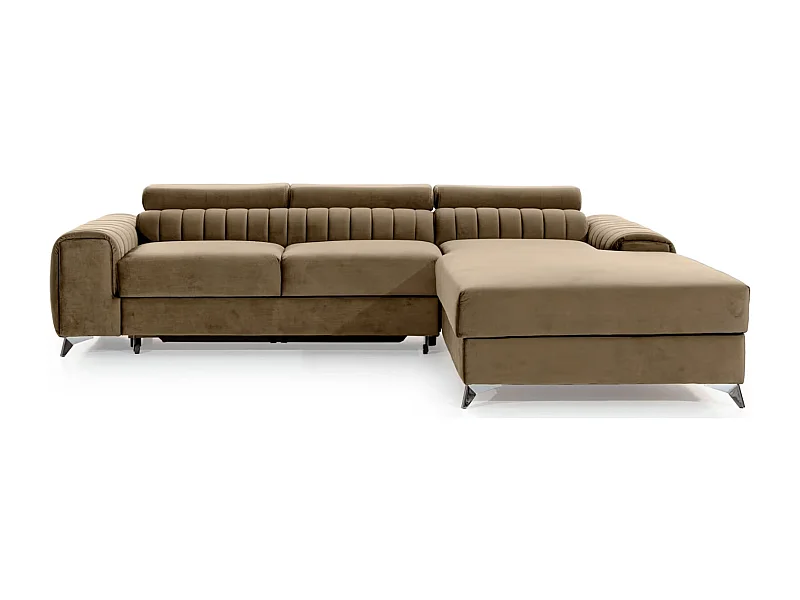 Canapé d'angle convertible velours têtière réglables GRENKY - Coffre, pieds acier chromé-Marron clair-angle droit