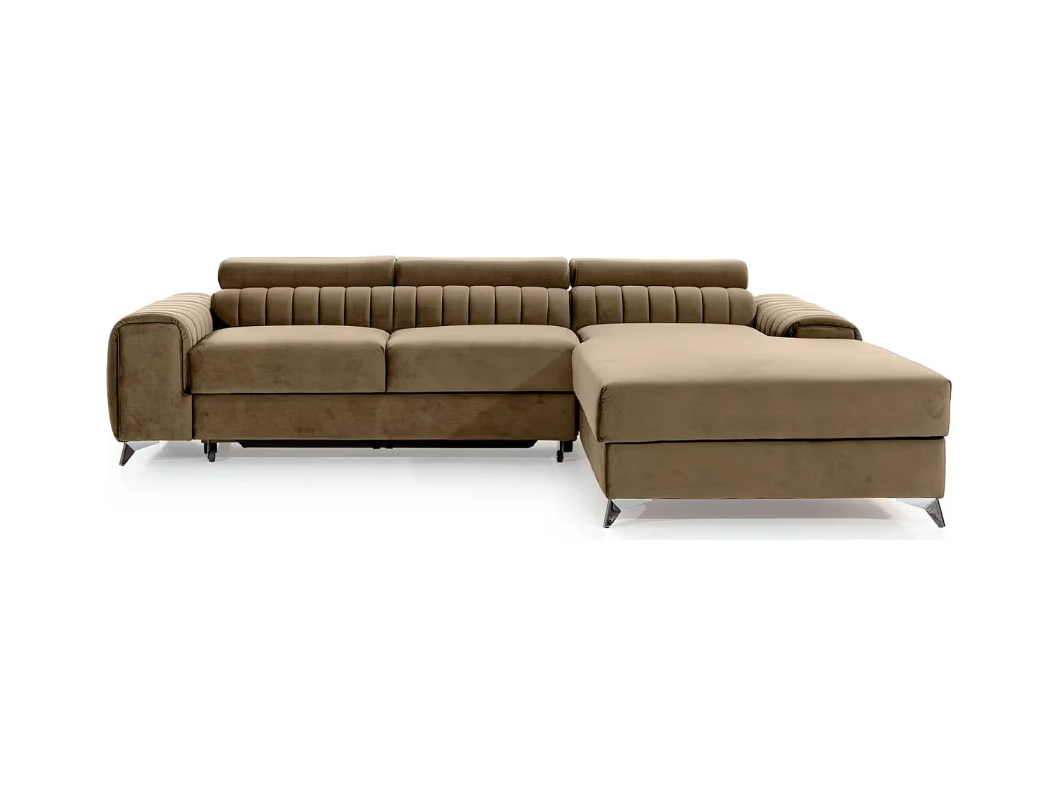 Canapé d'angle convertible velours têtière réglables GRENKY - Coffre, pieds acier chromé-Marron clair-angle droit