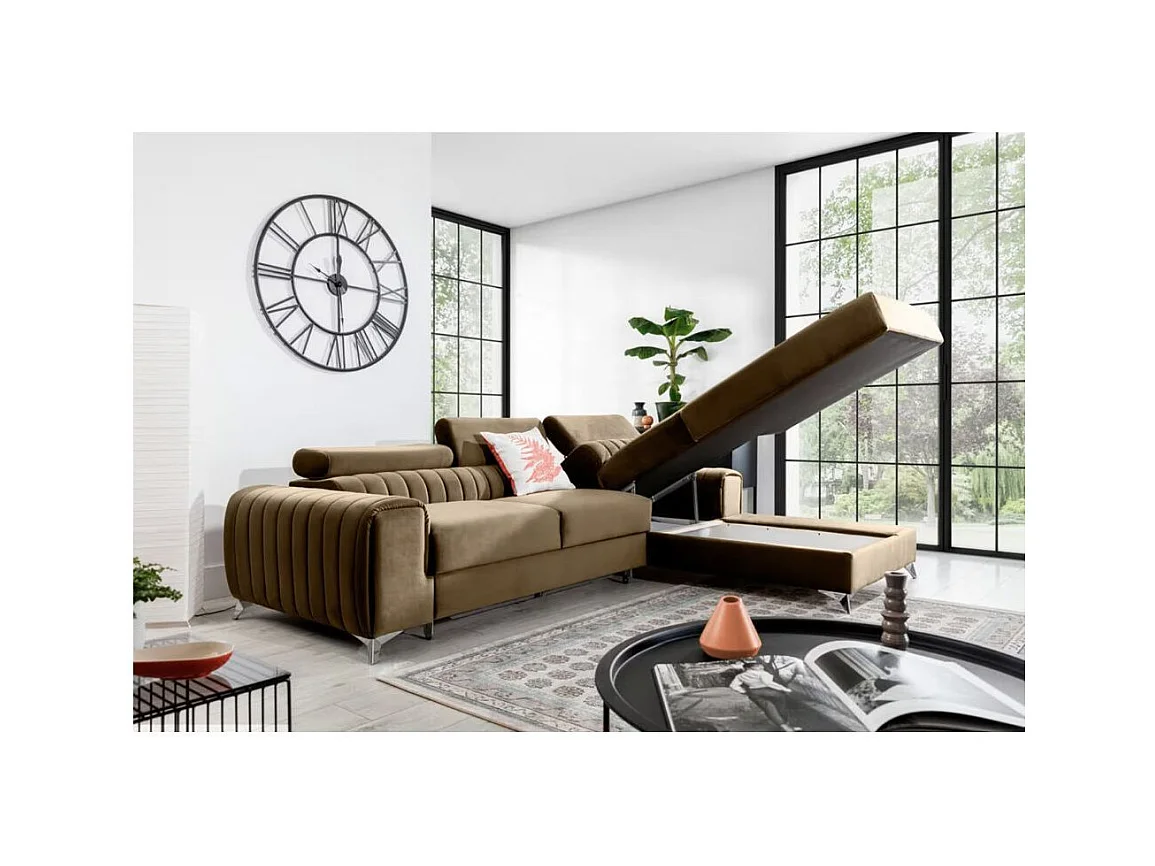 Canapé d'angle convertible velours têtière réglables GRENKY - Coffre, pieds acier chromé-Marron clair-angle droit