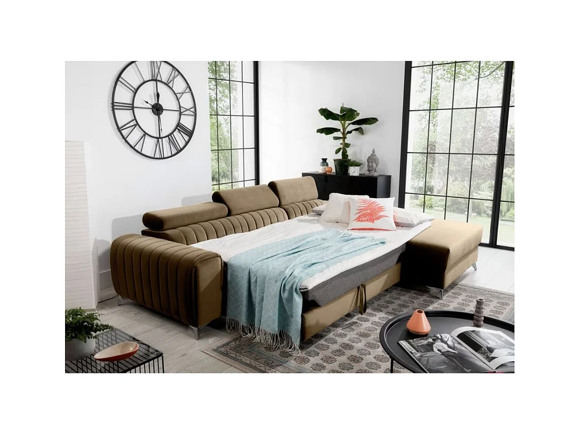 Canapé d'angle convertible velours têtière réglables GRENKY - Coffre, pieds acier chromé-Marron clair-angle droit