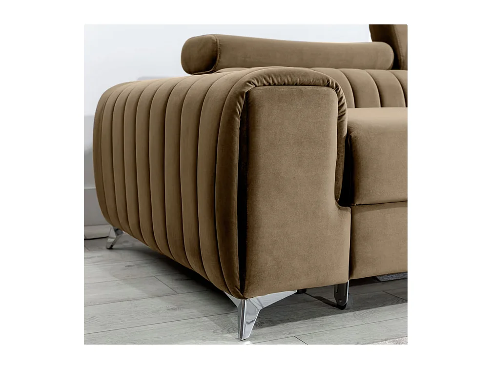 Canapé d'angle convertible velours têtière réglables GRENKY - Coffre, pieds acier chromé-Marron clair-angle droit