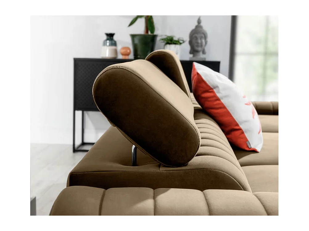 Canapé d'angle convertible velours têtière réglables GRENKY - Coffre, pieds acier chromé-Marron clair-angle droit