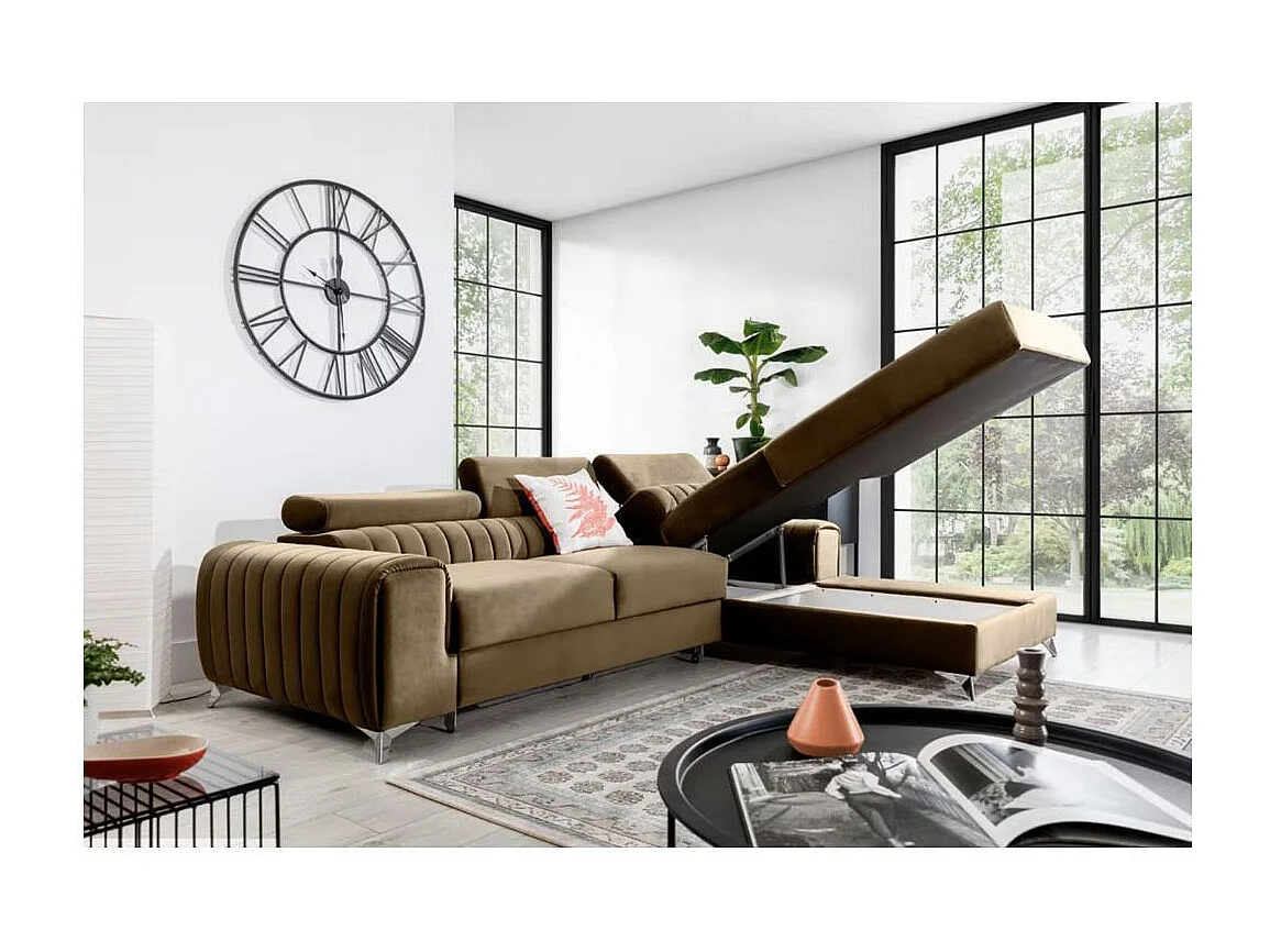 Canapé d'angle convertible velours têtière réglables GRENKY - Coffre, pieds acier chromé-Marron clair-angle droit