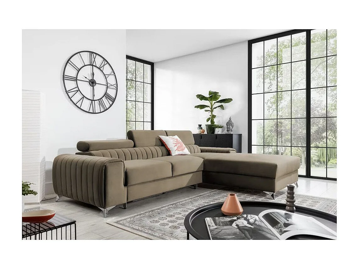 Canapé d'angle convertible velours têtière réglables GRENKY - Coffre, pieds acier chromé-Marron clair-angle droit