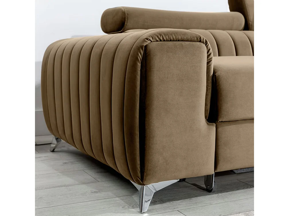 Canapé d'angle convertible velours têtière réglables GRENKY - Coffre, pieds acier chromé-Marron clair-angle droit
