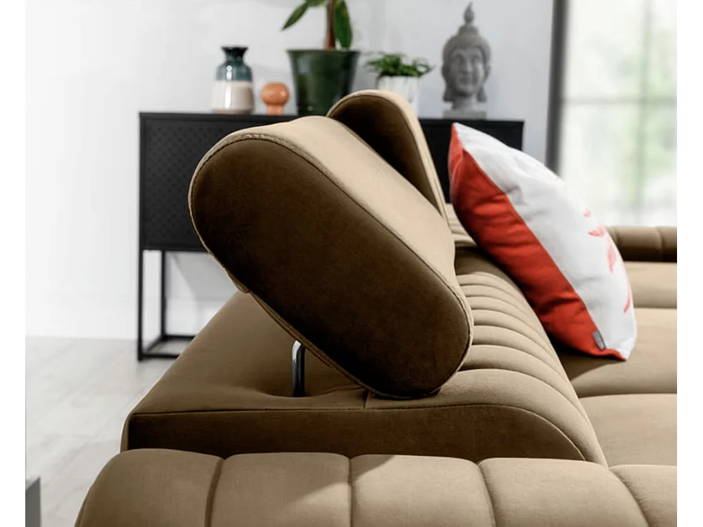 Canapé d'angle convertible velours têtière réglables GRENKY - Coffre, pieds acier chromé-Marron clair-angle droit