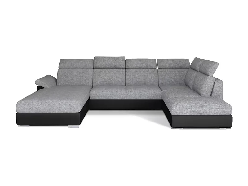 Canapé Convertible Panoramique LEVANO Tissu et Simili Cuir, Têtières-Noir/Gris clair-Coffre à gauche