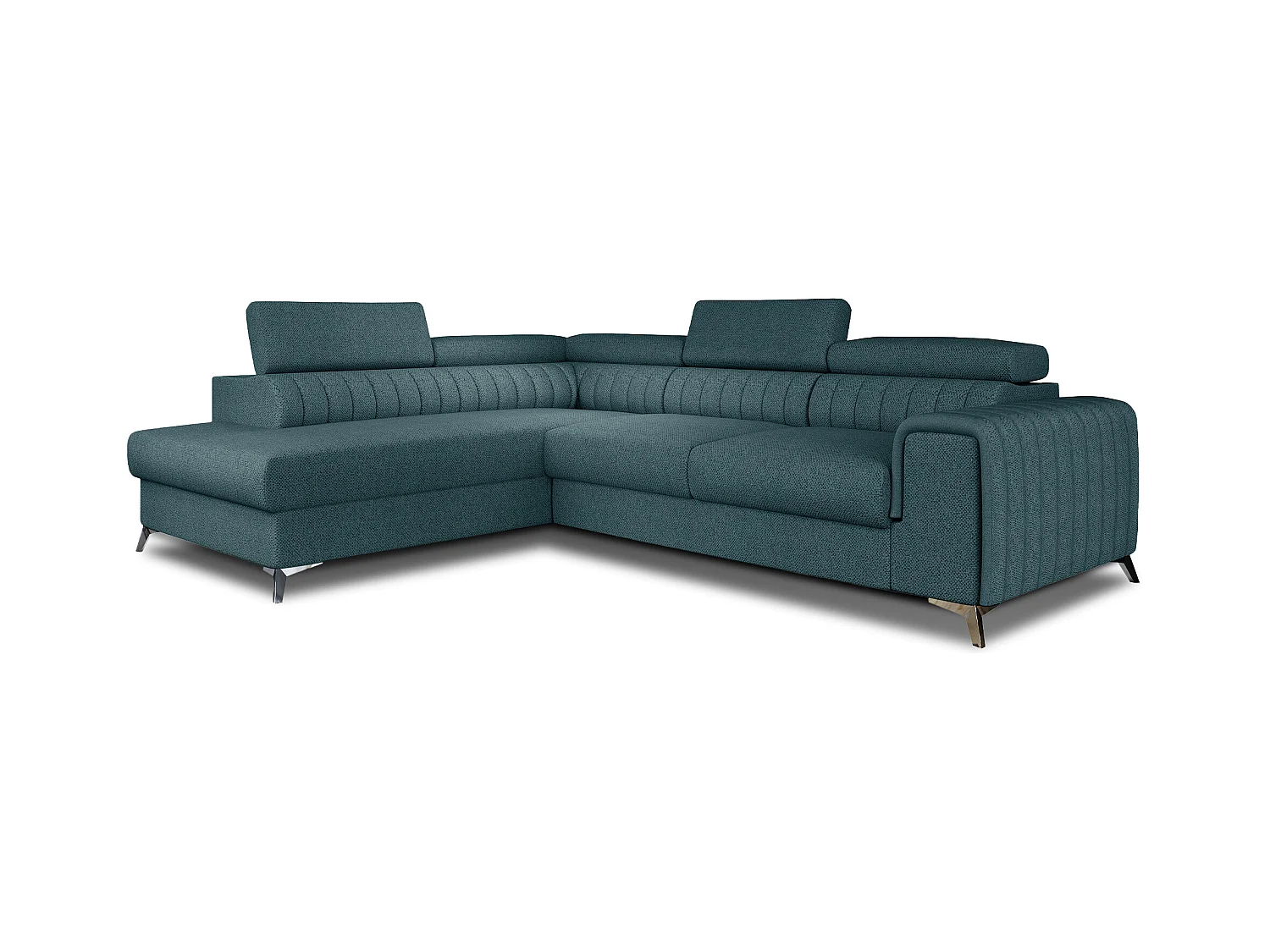 Canapé d'angle convertible tissu appuis-tête réglables LOZA - Coffre et pieds acier chromé-Vert emeraude-angle gauche