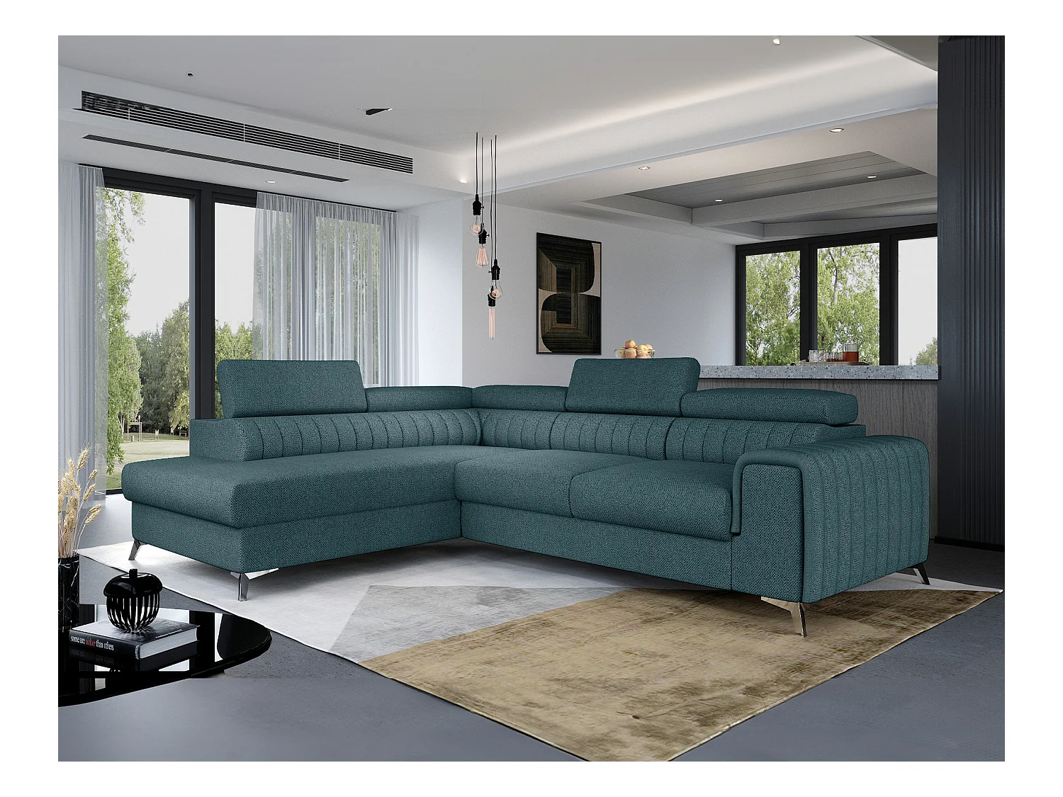 Canapé d'angle convertible tissu appuis-tête réglables LOZA - Coffre et pieds acier chromé-Vert emeraude-angle gauche