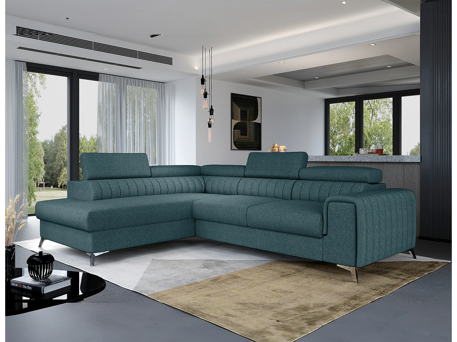 Canapé d'angle convertible tissu appuis-tête réglables LOZA - Coffre et pieds acier chromé-Vert emeraude-angle gauche