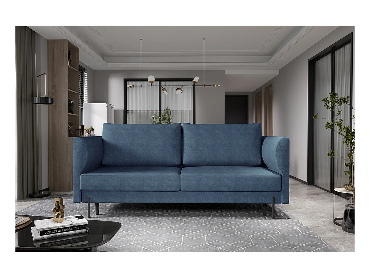 Canapé convertible en tissu ROBBY – Rangement et pieds métal noir-Bleu charrette