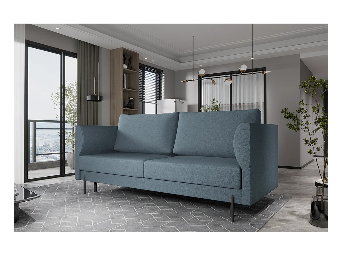 Canapé convertible en tissu ROBBY – Rangement et pieds métal noir-Bleu charrette