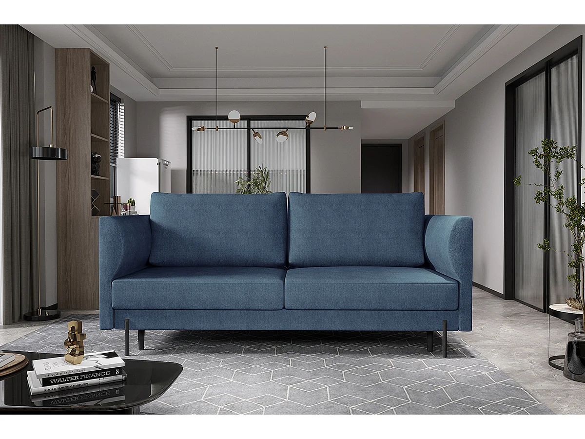 Canapé convertible en tissu ROBBY – Rangement et pieds métal noir-Bleu charrette